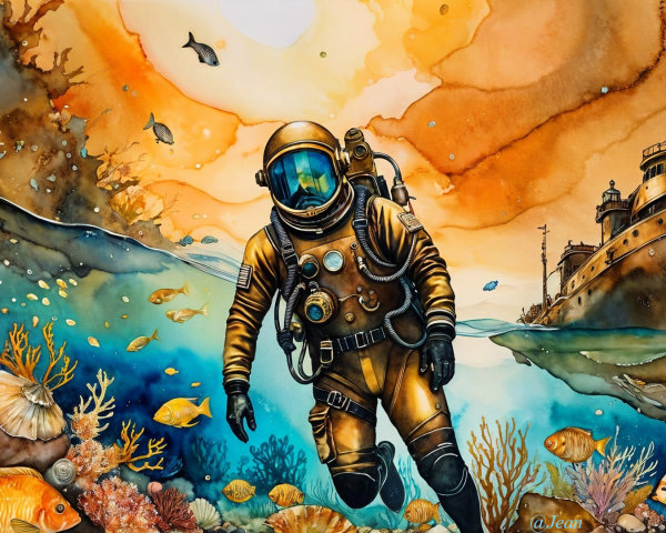 Vibrant Underwater Scene with Diver and Marine Life
