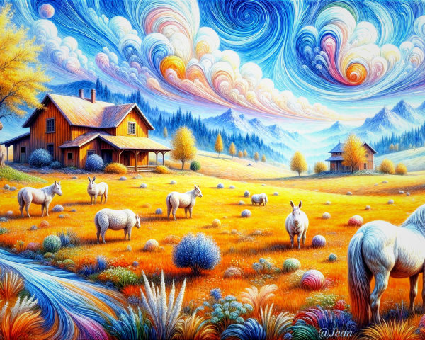 Ornate illustration of a colorful pastoral landscape