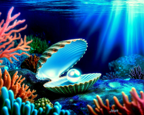 Vibrant Underwater Scene with Clam and Colorful Corals