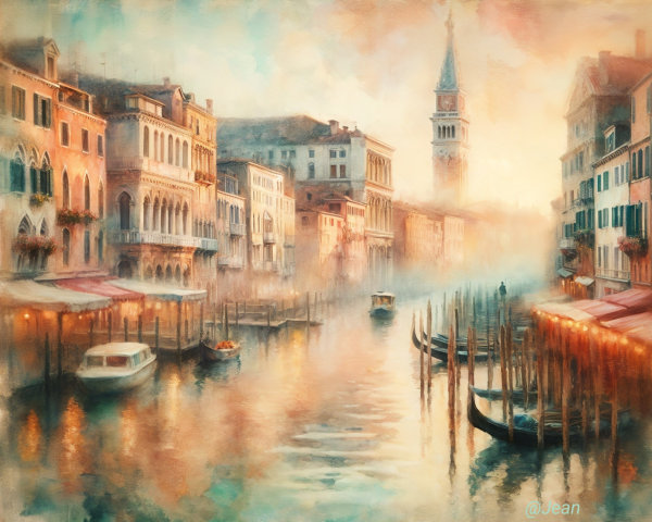 Serene Venetian Canal Scene at Dawn with Mist