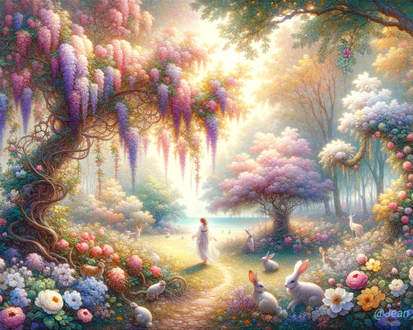 Dreamlike Garden with Figure in White and Blossoms