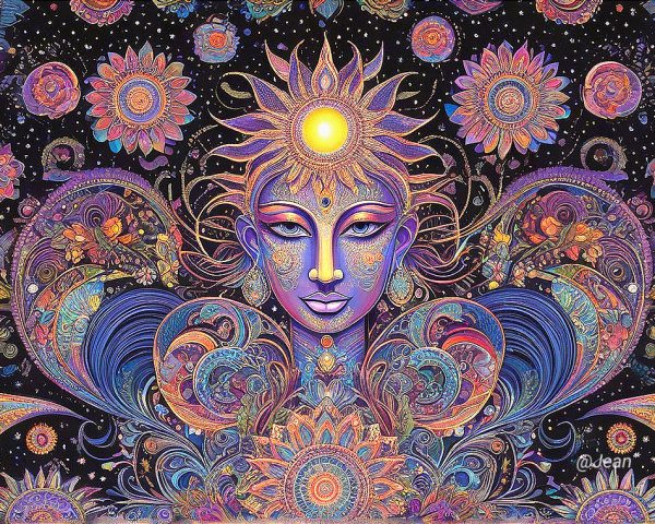 Psychedelic Illustration of Serene Figure with Patterns