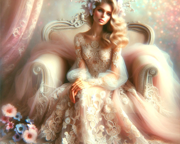 Serene Woman in Lace Gown on Ornate Sofa