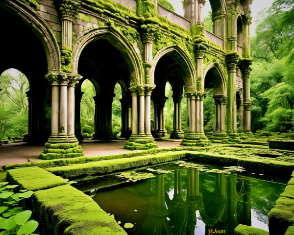 Overgrown Ruin with Arched Stone Structures and Pond