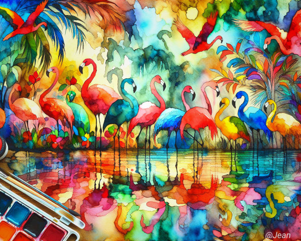 Vibrant Watercolor of Flamingos in Tropical Paradise