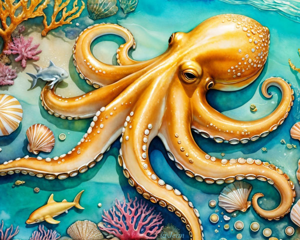 Golden Octopus in Vibrant Underwater Coral Scene