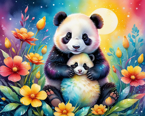 Panda and Cub Surrounded by Colorful Flowers at Night