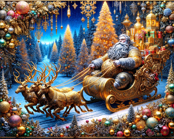 Majestic Santa Claus in Golden Sleigh with Reindeer