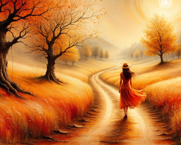 Autumn Landscape with Woman in Orange Dress