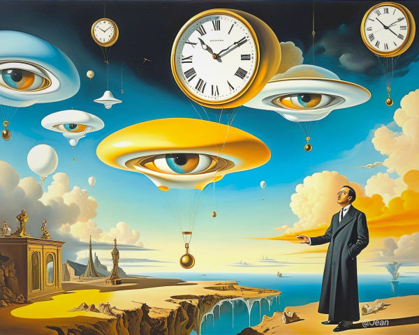 Surreal Landscape with Floating Eyes and Clocks
