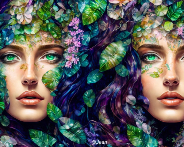 Beautiful Faces Intertwined with Lush Greenery and Flowers