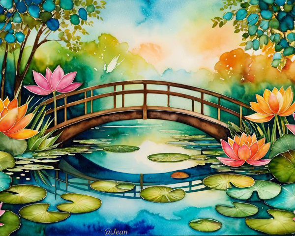 Serene Landscape with Pond and Water Lilies