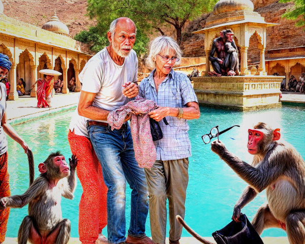Elderly Couple Playfully Engaging with a Monkey
