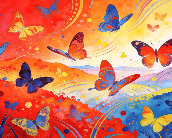 Vibrant Painting of Butterflies in Abstract Landscape