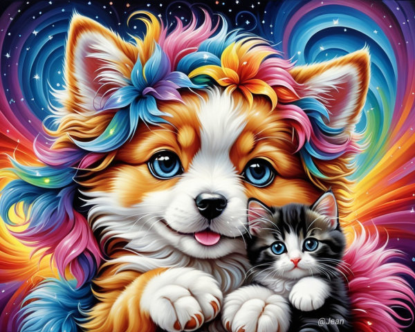 Colorful Illustration of Fluffy Dog and Kitten