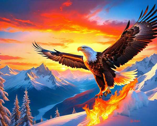 Eagle in Sunset Sky with Mountains and Flames