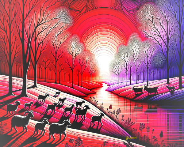 Vibrant Landscape with River and Grazing Sheep