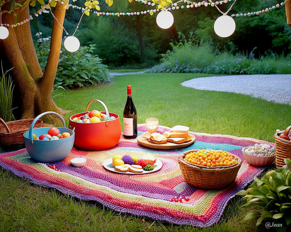 Vibrant Picnic Scene in a Lush Green Garden