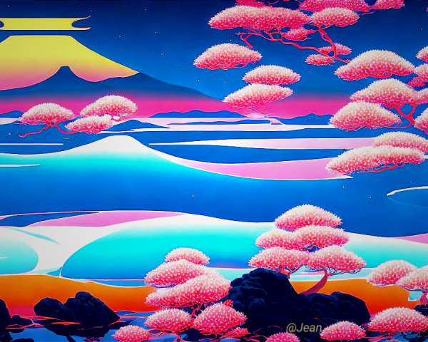 Vibrant Japanese Landscape with Fujiyama and Cherry Blossoms
