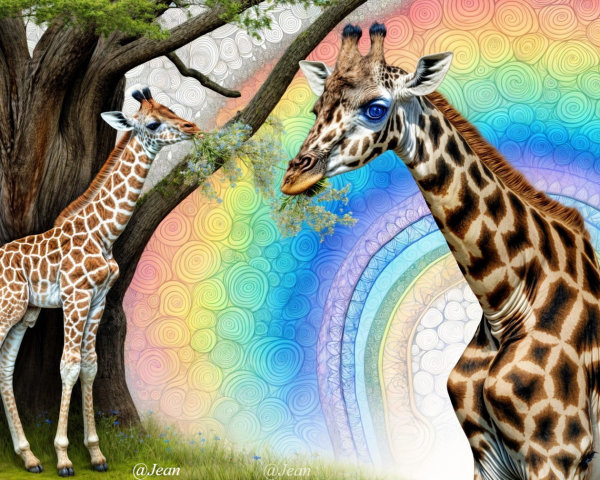 Stylized Giraffes by a Tree with Colorful Rainbow