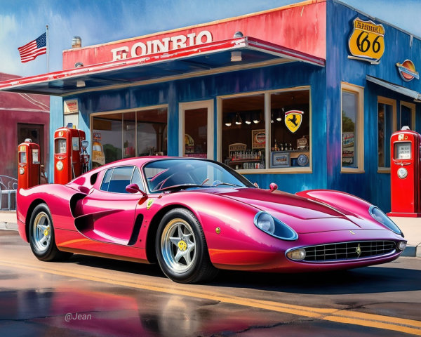 Classic Pink Ferrari at Retro Gas Station Scene