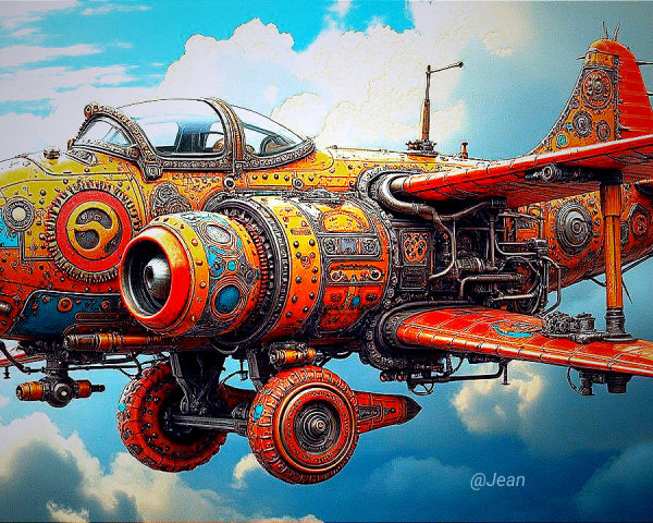 Whimsical Steampunk Aircraft with Copper Gears and Clouds