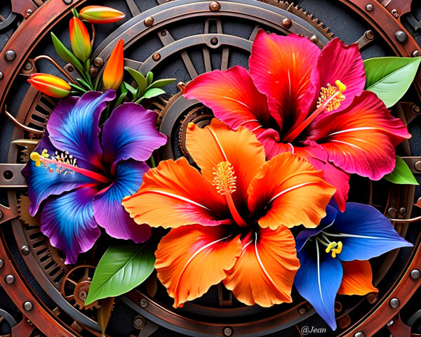 Vibrant Hibiscus Flowers on Steampunk Clock Face