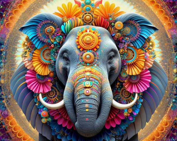Vibrant Digital Artwork of Elephant with Floral Patterns