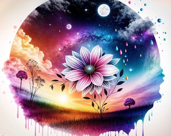 Vibrant Cosmic Landscape with Stylized Human Profile