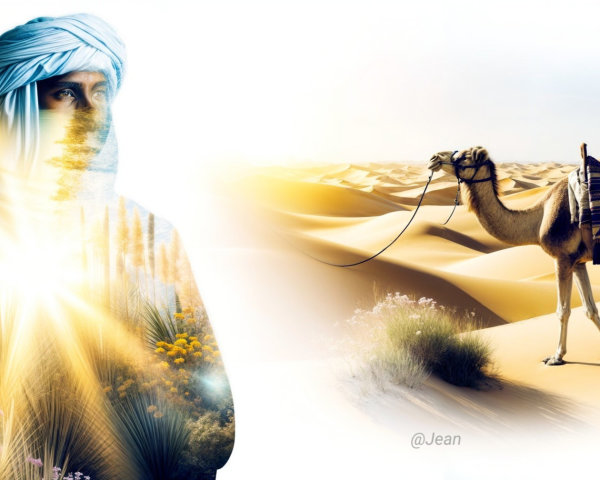 Desert Landscape with Silhouette and Camel Elements