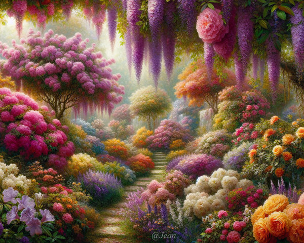 Vibrant Garden with Colorful Flowers and Lush Foliage