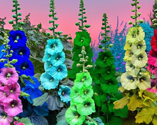 Vibrant Hollyhocks Against a Dusk Sky