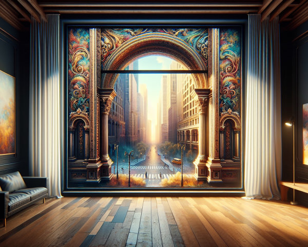 Opulent room with grand window and vibrant cityscape
