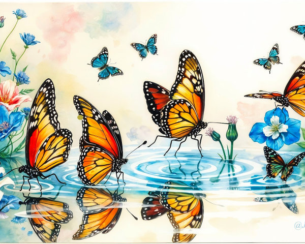 Colorful Butterflies Among Blooming Flowers and Water
