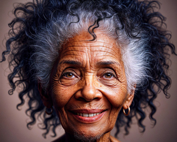 Elderly Woman with Curly Gray Hair and Radiant Smile