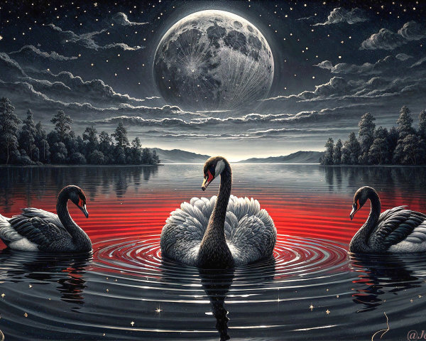 Three Swans on Reflective Red Waters at Night