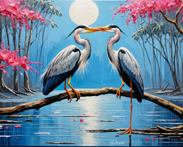 Cranes on Branch with Cherry Blossoms and Moonlight