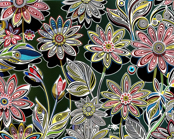Vibrant Floral Pattern with Bold Colors on Black Background