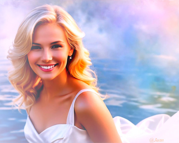 Young woman in white dress with pastel background