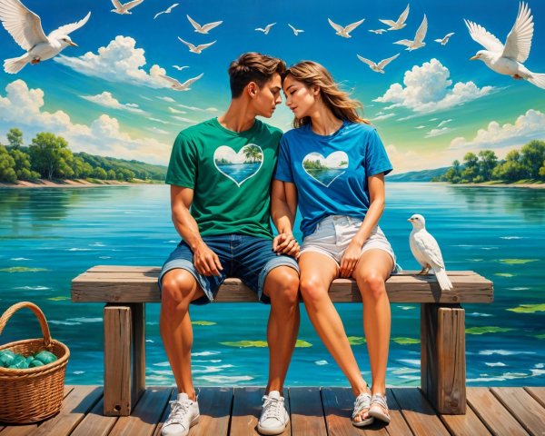 Couple on Dock by Serene Lake with Heart T-Shirts