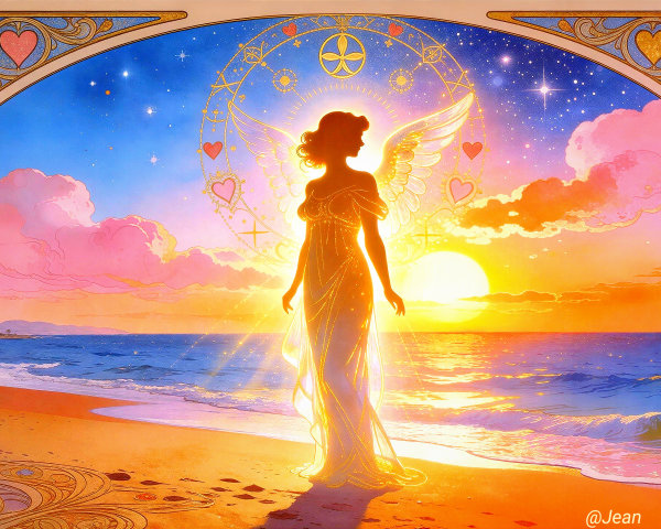 Ethereal Painting of Angelic Figure at Sunset Beach