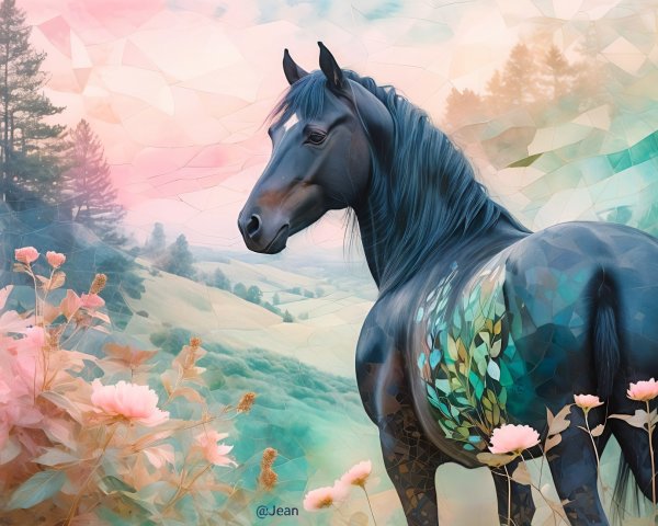 Majestic Black Horse with Floral Designs in Pastels