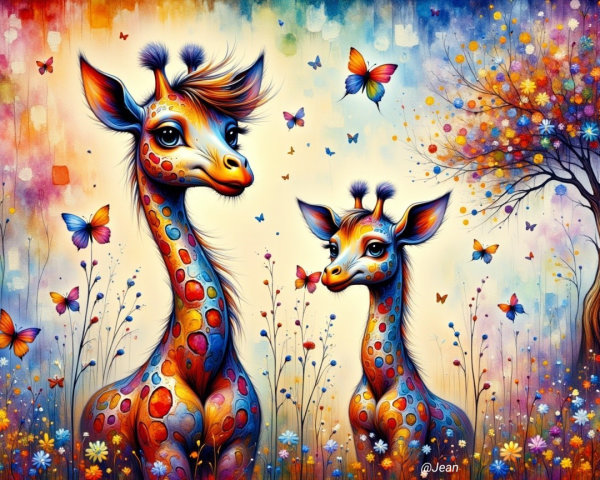 Vibrant Cartoon Giraffes in Whimsical Landscape