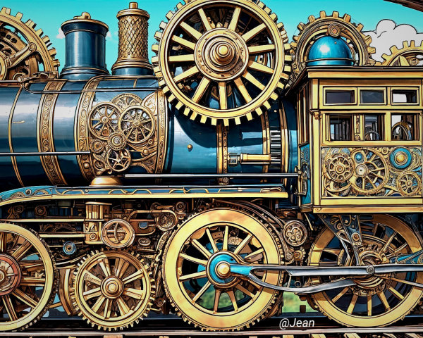Steampunk Locomotive with Brass Gears and Blue Design