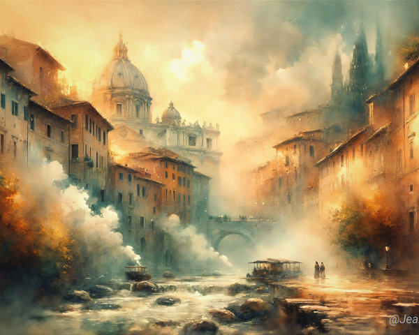 Historic Cityscape with Golden Light and River Mist