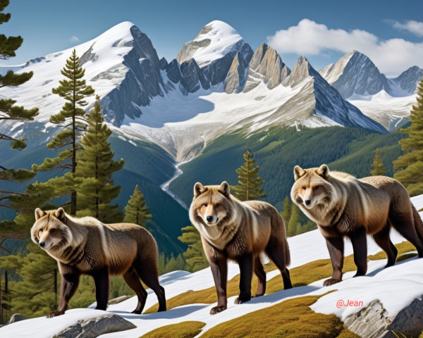 Wolves in Snowy Mountain Landscape with Pine Trees