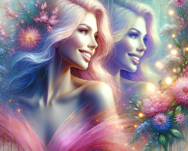 Pastel-Haired Woman in Vibrant Floral Dreamscape