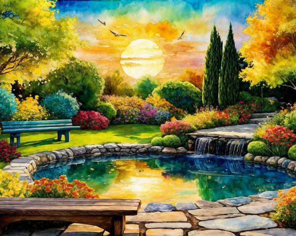 Vibrant Garden Scene at Sunset with Pond and Flowers