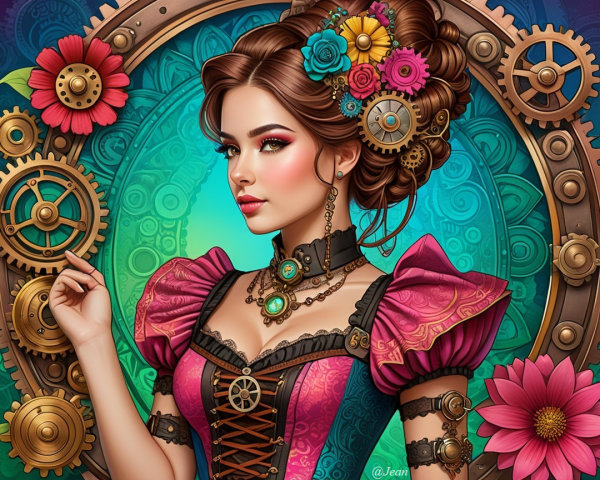Steampunk Woman in Colorful Outfit Against Ornate Background