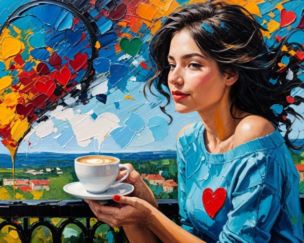 Impressionistic Scene of Woman with Coffee and Hearts